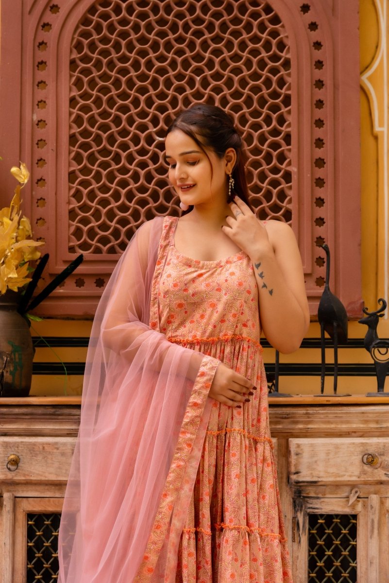 SUNHARI PEACH HAND BLOCK PRINT COTTON TIERED ANARKALI WITH SOFT NET DUPATTA - Pomcha Jaipur