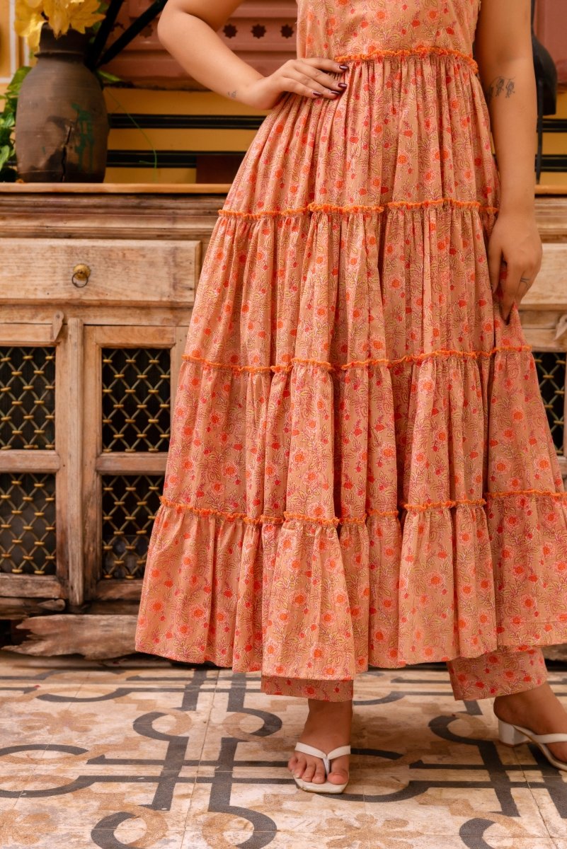 SUNHARI PEACH HAND BLOCK PRINT COTTON TIERED ANARKALI WITH SOFT NET DUPATTA - Pomcha Jaipur