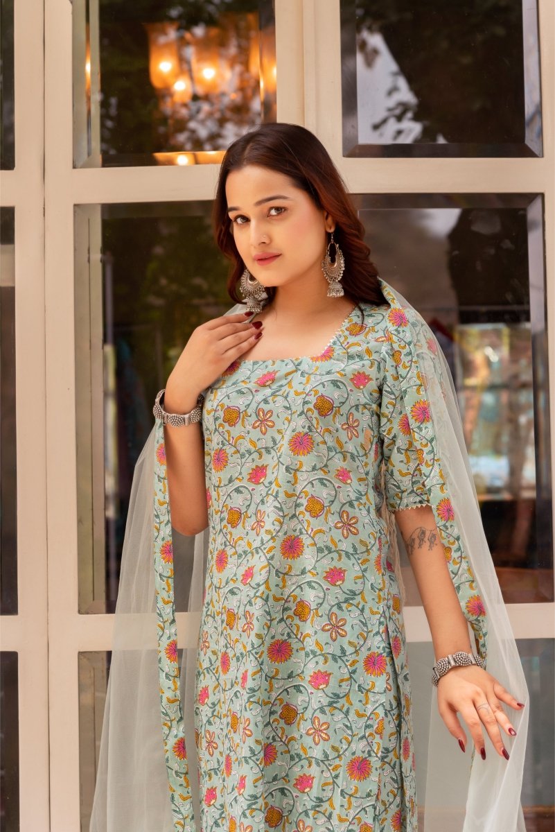SUNHARI PISTA GREEN HAND BLOCK PRINT COTTON KURTA SET WITH SOFT NET DUPATTA - Pomcha Jaipur