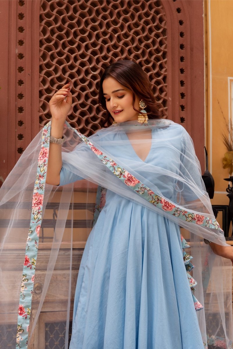 SUNHARI POWDER BLUE COTTON ANGRAKHA SET WITH COTTON SKIRT AND SOFT NET DUPATTA - Pomcha Jaipur