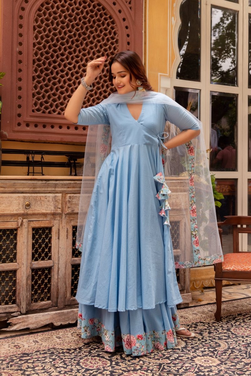 SUNHARI POWDER BLUE COTTON ANGRAKHA SET WITH COTTON SKIRT AND SOFT NET DUPATTA - Pomcha Jaipur