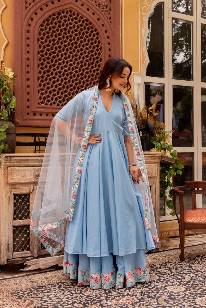 SUNHARI POWDER BLUE COTTON ANGRAKHA SET WITH COTTON SKIRT AND SOFT NET DUPATTA - Pomcha Jaipur