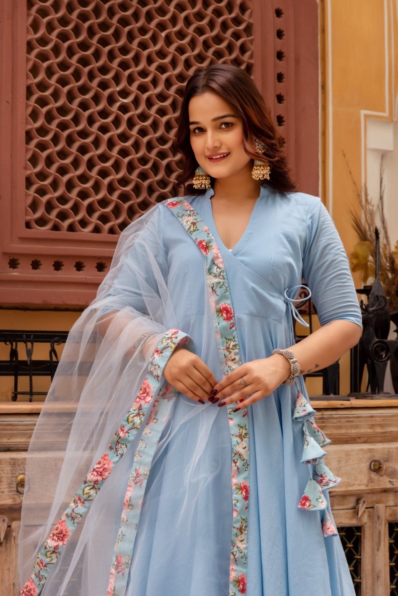 SUNHARI POWDER BLUE COTTON ANGRAKHA SET WITH COTTON SKIRT AND SOFT NET DUPATTA - Pomcha Jaipur