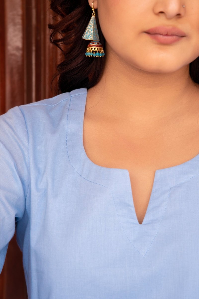 SUNHARI POWDER BLUE COTTON CO - ORD SET WITH ORGANZA EMBROIDERY SLEEVES - Pomcha Jaipur