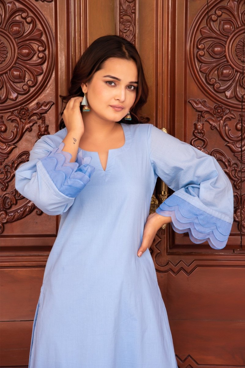 SUNHARI POWDER BLUE COTTON CO - ORD SET WITH ORGANZA EMBROIDERY SLEEVES - Pomcha Jaipur
