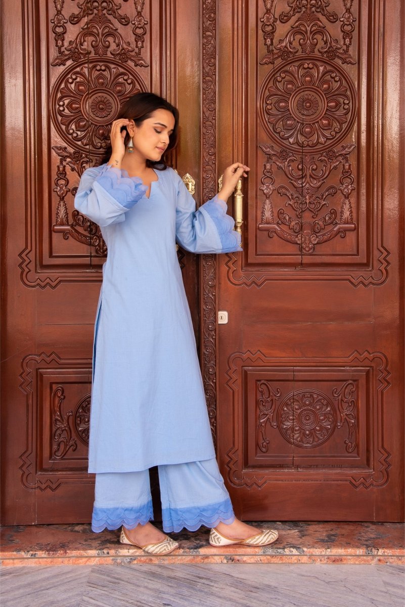 SUNHARI POWDER BLUE COTTON CO - ORD SET WITH ORGANZA EMBROIDERY SLEEVES - Pomcha Jaipur