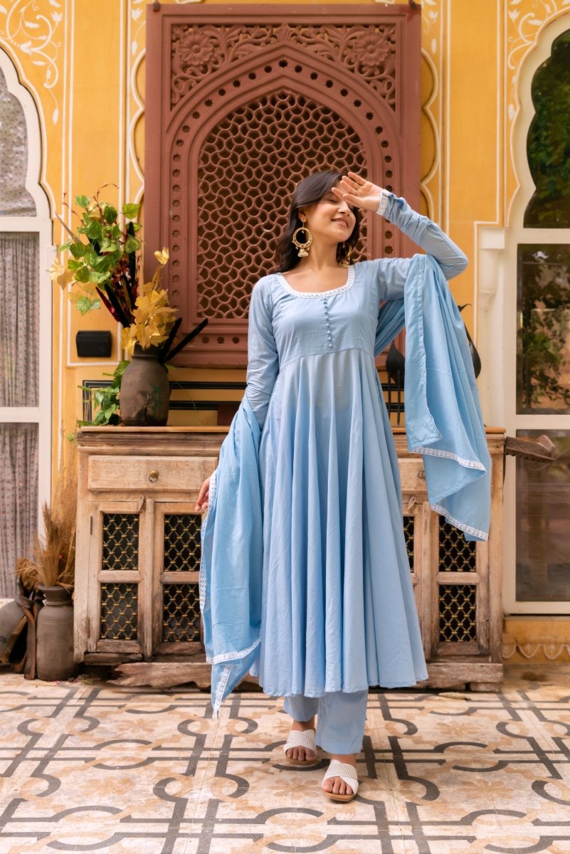 SUNHARI POWDER BLUE COTTON EMBROIDERY ANARKALI SET WITH COTTON EMBROIDERED DUPATTA - Pomcha Jaipur