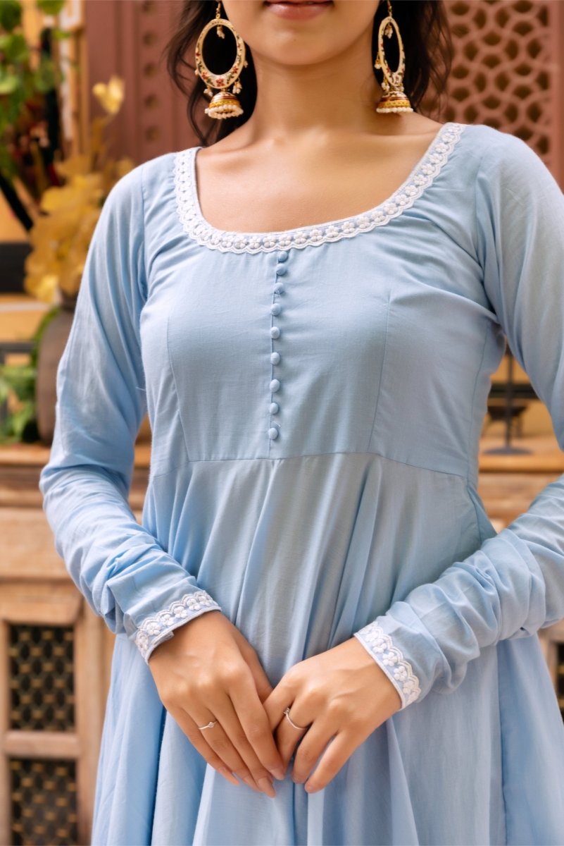 SUNHARI POWDER BLUE COTTON EMBROIDERY ANARKALI SET WITH COTTON EMBROIDERED DUPATTA - Pomcha Jaipur