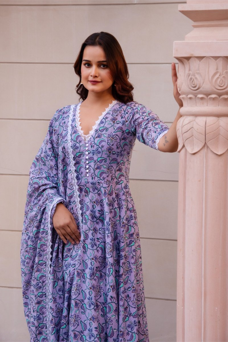 SUNHARI PURPLE COTTON HAND BLOCK PRINT ANARKALI SET WITH SOFT NET DUPATTA - Pomcha Jaipur