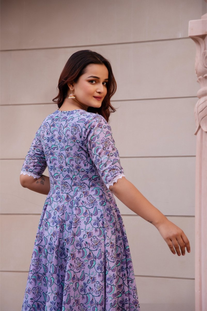 SUNHARI PURPLE COTTON HAND BLOCK PRINT ANARKALI SET WITH SOFT NET DUPATTA - Pomcha Jaipur