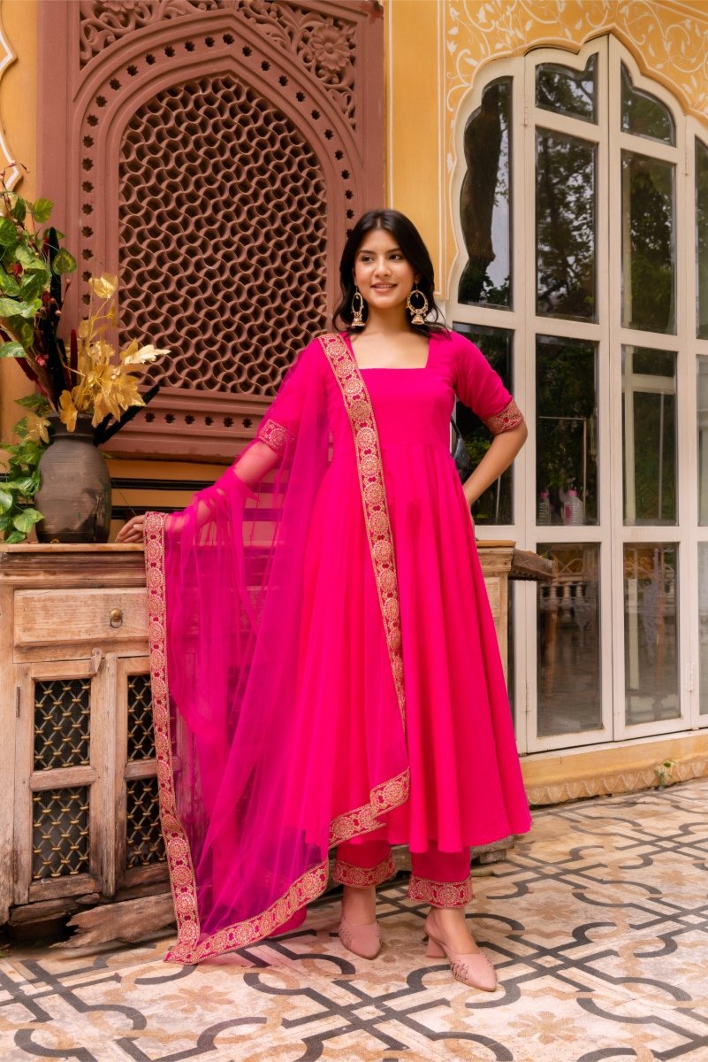 SUNHARI RAANI PINK COTTON ANARKALI WITH EMBROIDERED SOFT NET DUPATTA 2XL