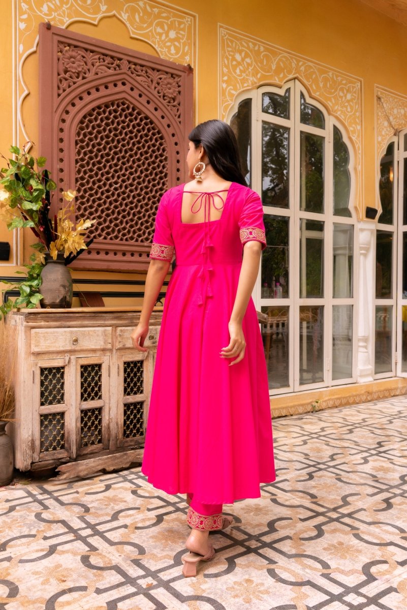 SUNHARI RAANI PINK COTTON ANARKALI WITH EMBROIDERED SOFT NET DUPATTA - Pomcha Jaipur