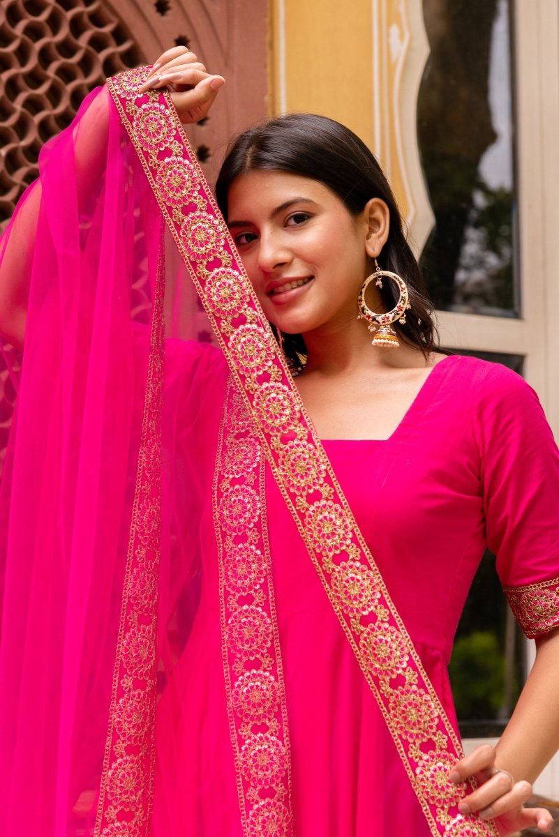 SUNHARI RAANI PINK COTTON ANARKALI WITH EMBROIDERED SOFT NET DUPATTA - Pomcha Jaipur