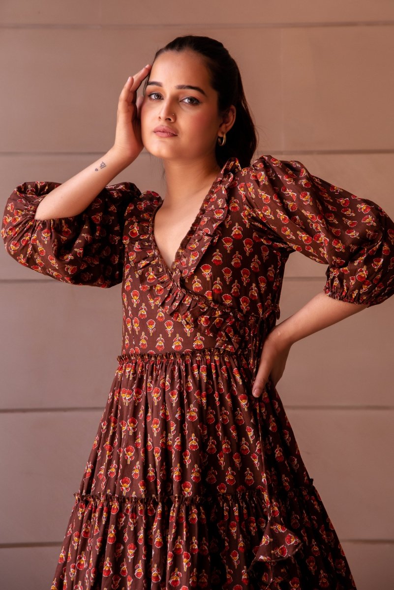 SUNHARI RED PHOOL BROWN TIERED COTTON HAND BLOCK LONG DRESS - Pomcha Jaipur