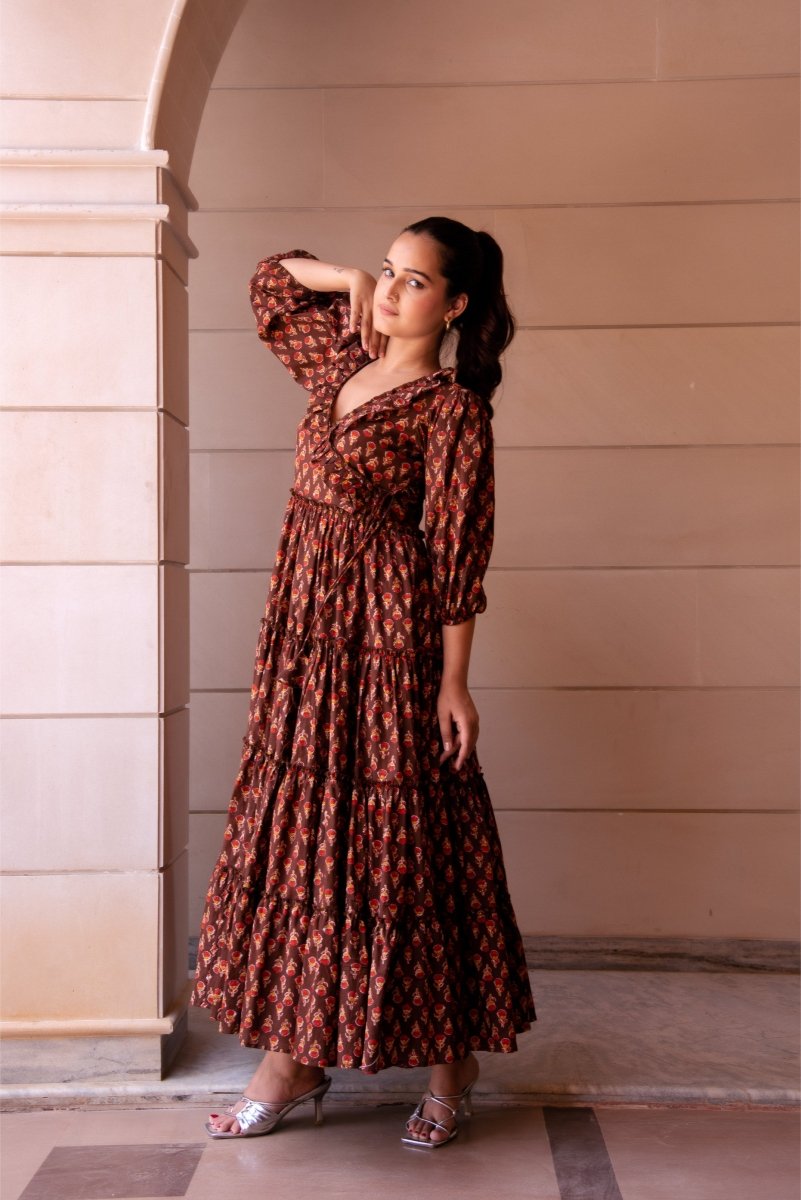 SUNHARI RED PHOOL BROWN TIERED COTTON HAND BLOCK LONG DRESS - Pomcha Jaipur