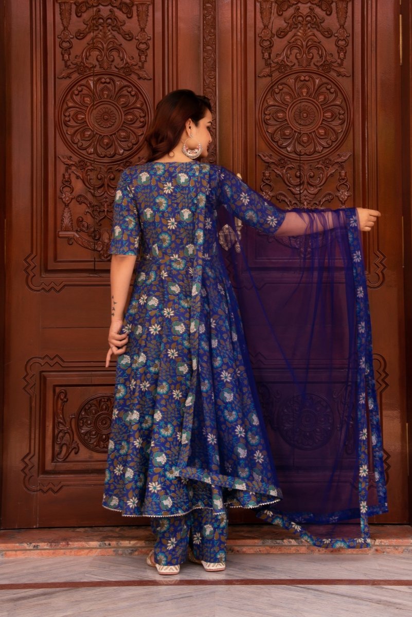 SUNHARI ROYAL BLUE HAND BLOCK COTTON ANGRAKHA SET WITH SOFT NET DUPATTA - Pomcha Jaipur