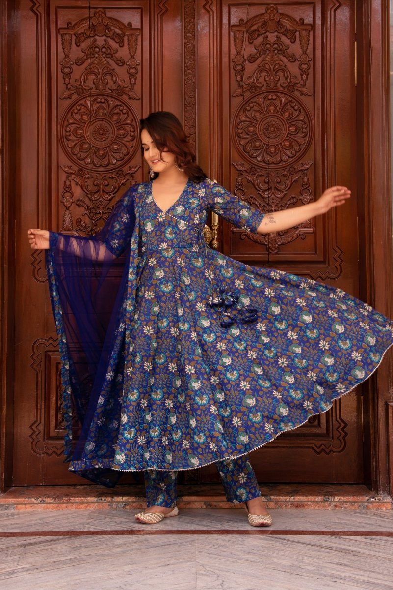SUNHARI ROYAL BLUE HAND BLOCK COTTON ANGRAKHA SET WITH SOFT NET DUPATTA - Pomcha Jaipur