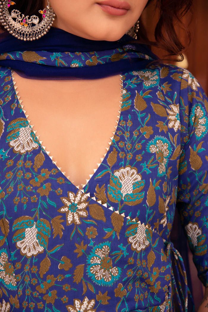 SUNHARI ROYAL BLUE HAND BLOCK COTTON ANGRAKHA SET WITH SOFT NET DUPATTA - Pomcha Jaipur