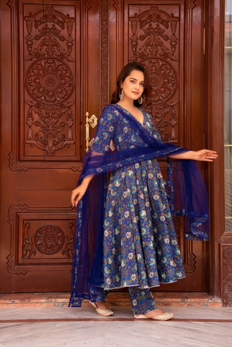 blue angrakha SUNHARI ROYAL BLUE HAND BLOCK COTTON ANGRAKHA SET WITH SOFT NET DUPATT