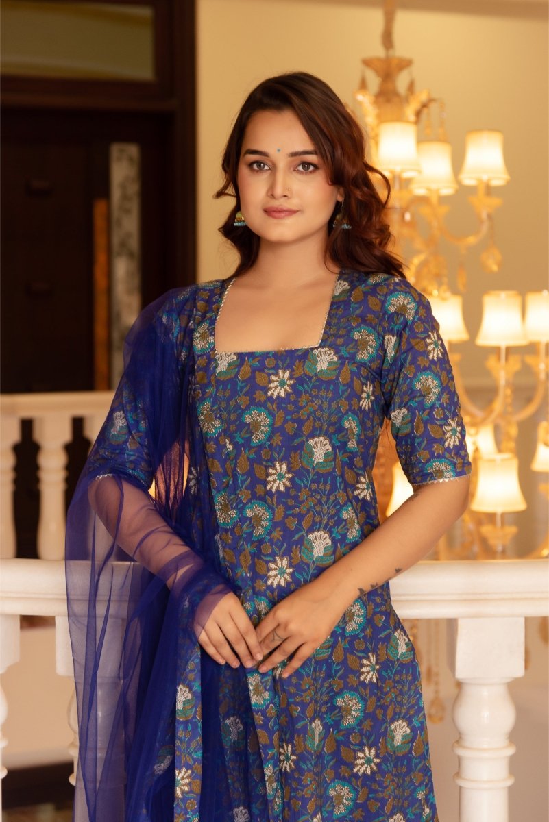 SUNHARI ROYAL BLUE HAND BLOCK COTTON SUIT SET WITH SOFT NET DUPATTA - Pomcha Jaipur