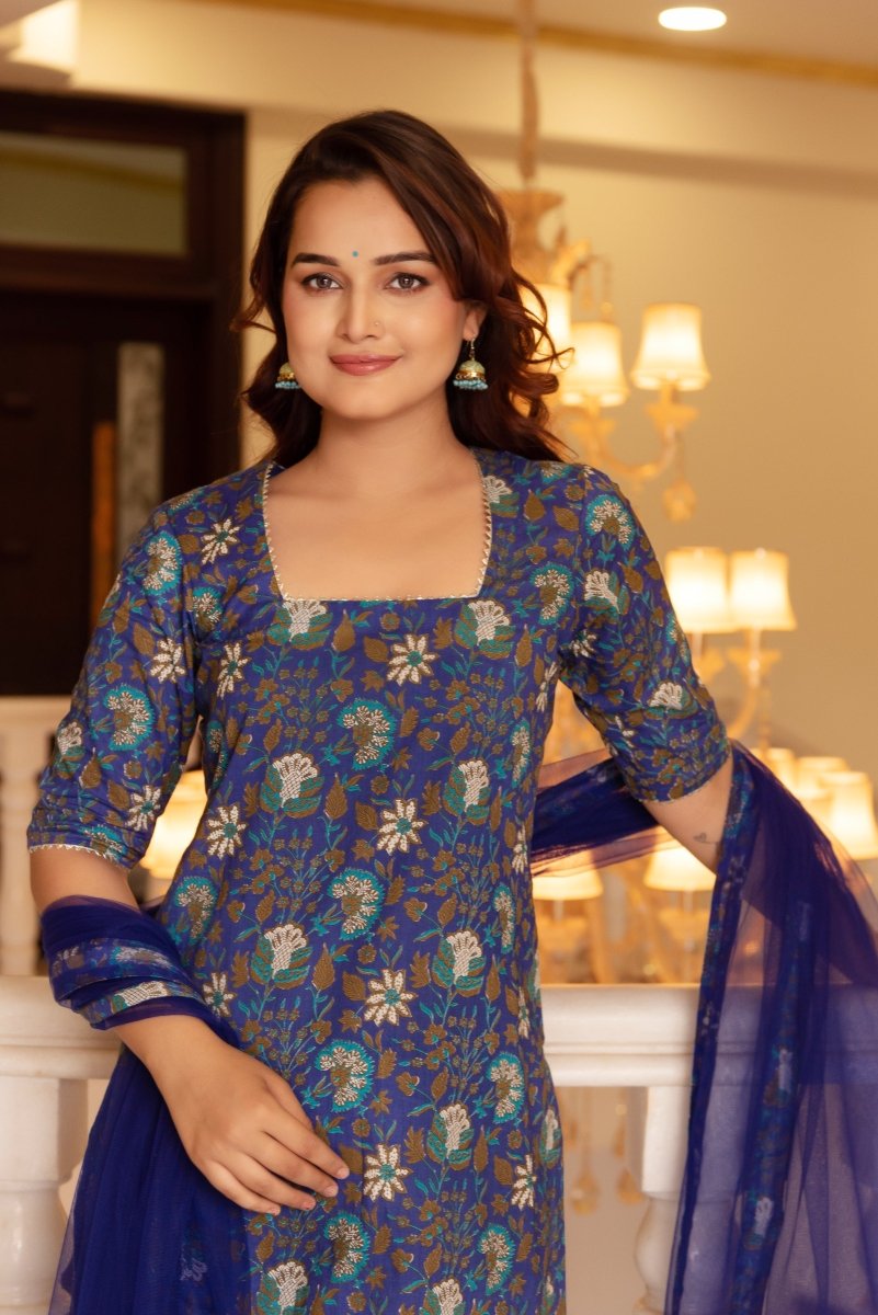 SUNHARI ROYAL BLUE HAND BLOCK COTTON SUIT SET WITH SOFT NET DUPATTA - Pomcha Jaipur