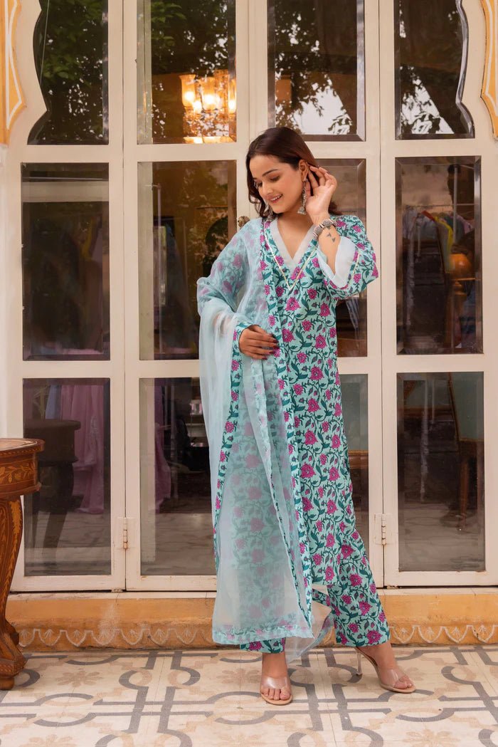 SUNHARI SKY BLUE HAND BLOCK PRINT COTTON SUIT SET WITH SOFT NET DUPATTA - Pomcha Jaipur