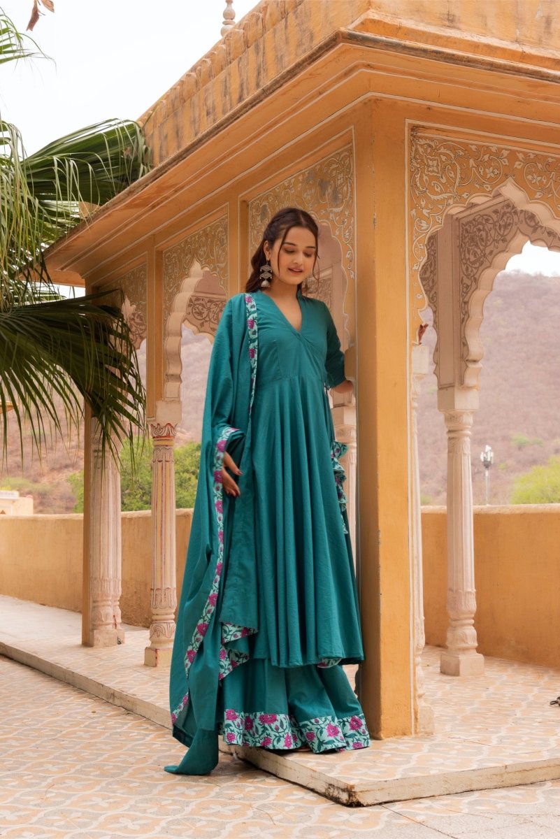 SUNHARI TEAL GREEN COTTON ANGRAKHA WITH COTTON SKIRT AND DUPATTA SET - Pomcha Jaipur