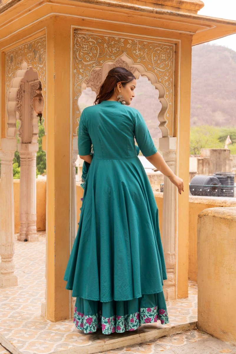 SUNHARI TEAL GREEN COTTON ANGRAKHA WITH COTTON SKIRT AND DUPATTA SET - Pomcha Jaipur