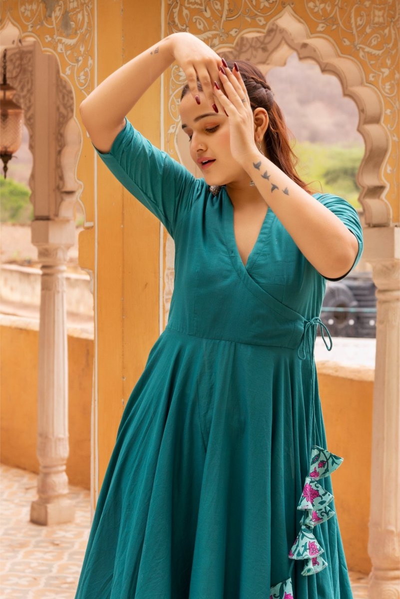 SUNHARI TEAL GREEN COTTON ANGRAKHA WITH COTTON SKIRT AND DUPATTA SET - Pomcha Jaipur