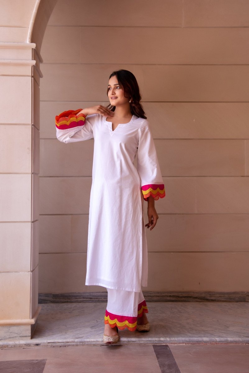 SUNHARI WHITE COTTON CO - ORD SET WITH MULTICOLOR ORGANZA EMBROIDERY SLEEVES - Pomcha Jaipur