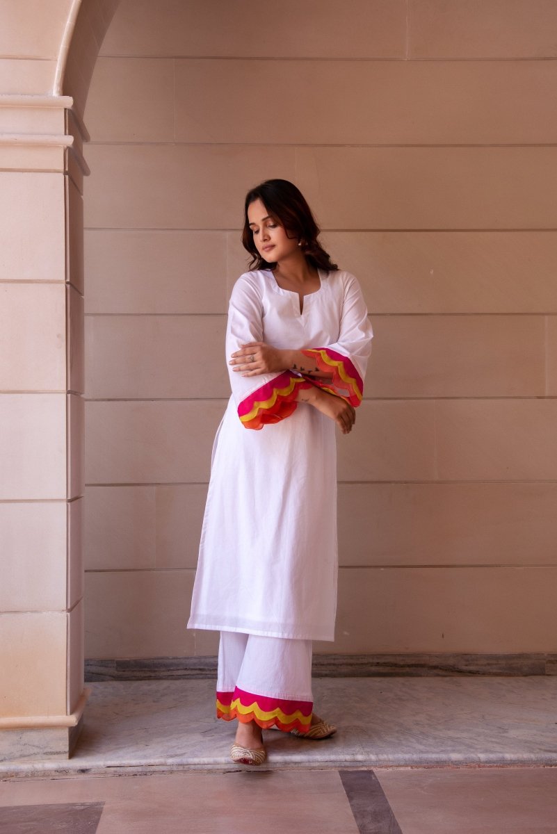 SUNHARI WHITE COTTON CO - ORD SET WITH MULTICOLOR ORGANZA EMBROIDERY SLEEVES - Pomcha Jaipur