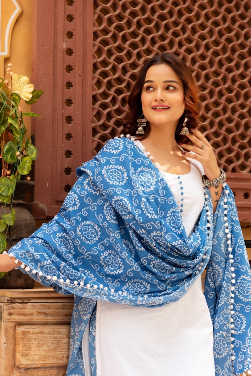 SUNHARI WHITE COTTON SUIT SET WITH BLUE BHANDEJ COTTON DUPATTA - Pomcha Jaipur