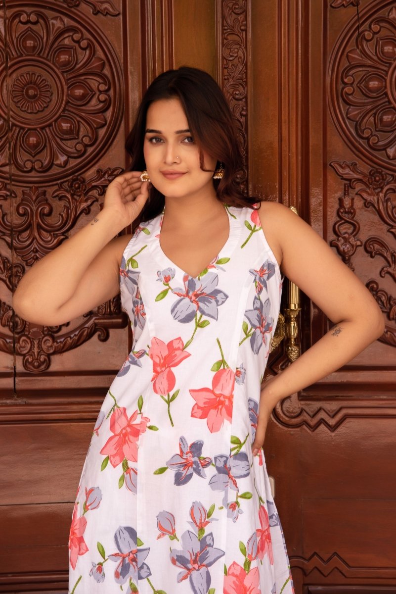 SUNHARI WHITE LILLY SLEEVELESS COTTON PRINTED CO - ORD SET - Pomcha Jaipur