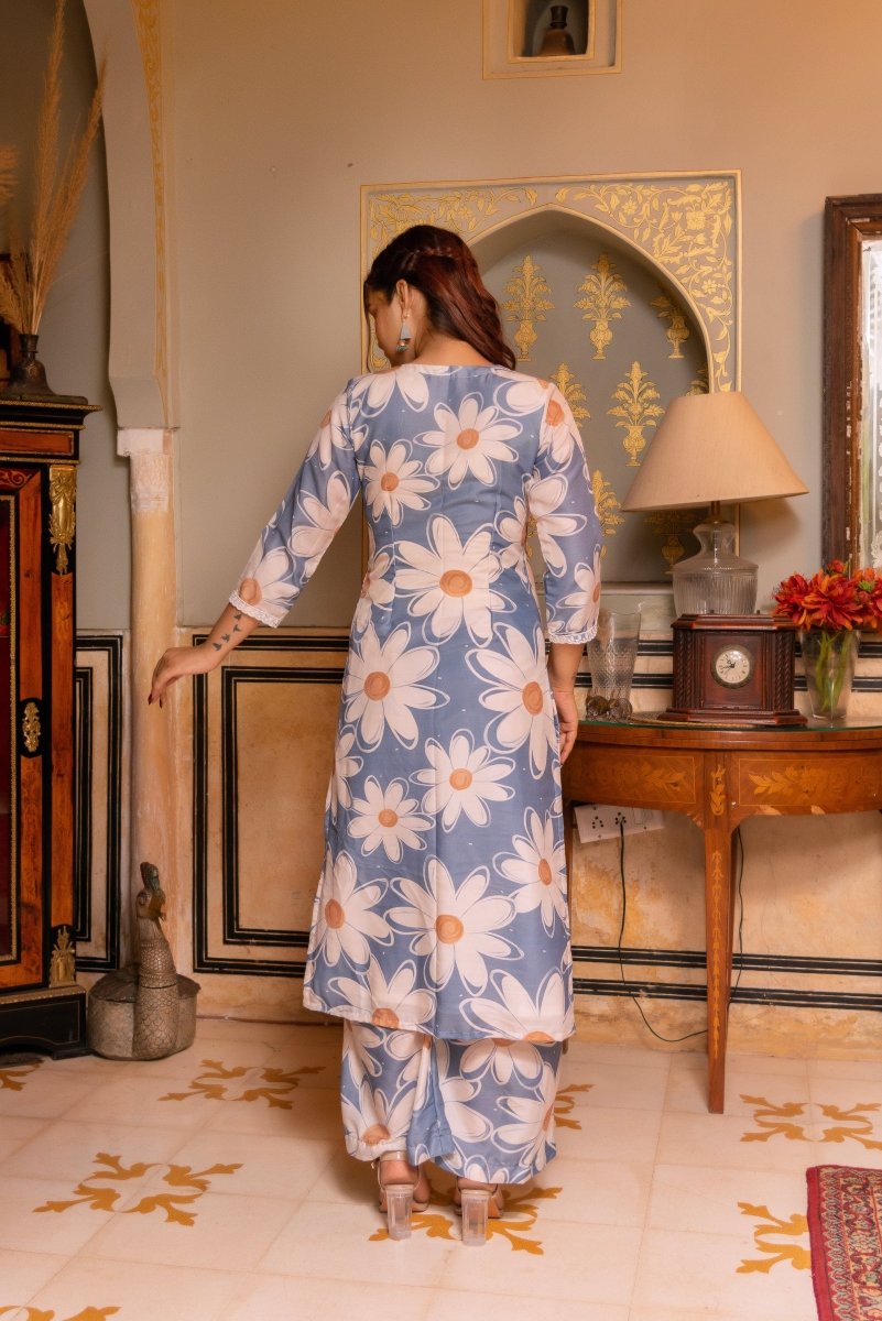 SUNHARI WHITE PHOOL POWDER BLUE MUSLIN SUIT SET WITH ORGANZA DUPATTA - Pomcha Jaipur