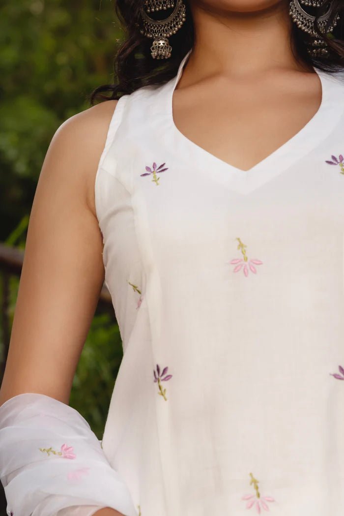 SUNHARI WHITE PINK EMBROIDERY COTTON SUIT SET WITH EMBROIDERED ORGANZA DUPATTA - Pomcha Jaipur