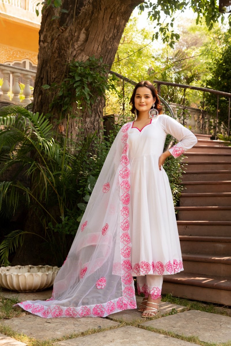 SUNHARI WHITE PINK PHOOL COTTON EMBROIDERED ANARKALI SET WITH ORGANZA DUPATTA - Pomcha Jaipur
