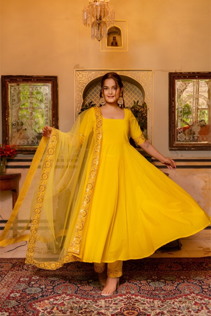 SUNHARI YELLOW COTTON ANARKALI WITH EMBROIDERED SOFT NET DUPATTA - Pomcha Jaipur