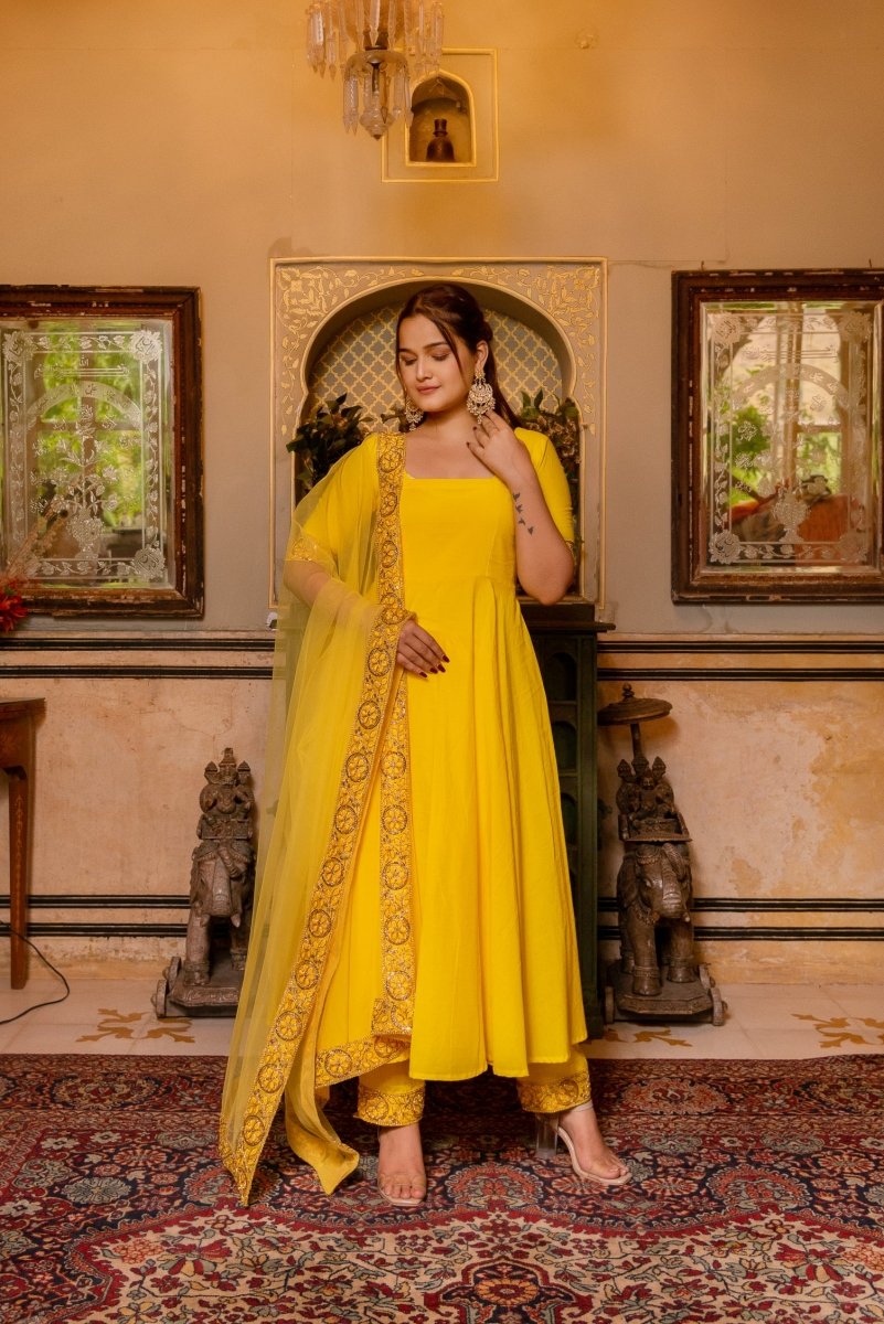 SUNHARI YELLOW COTTON ANARKALI WITH EMBROIDERED SOFT NET DUPATTA - Pomcha Jaipur