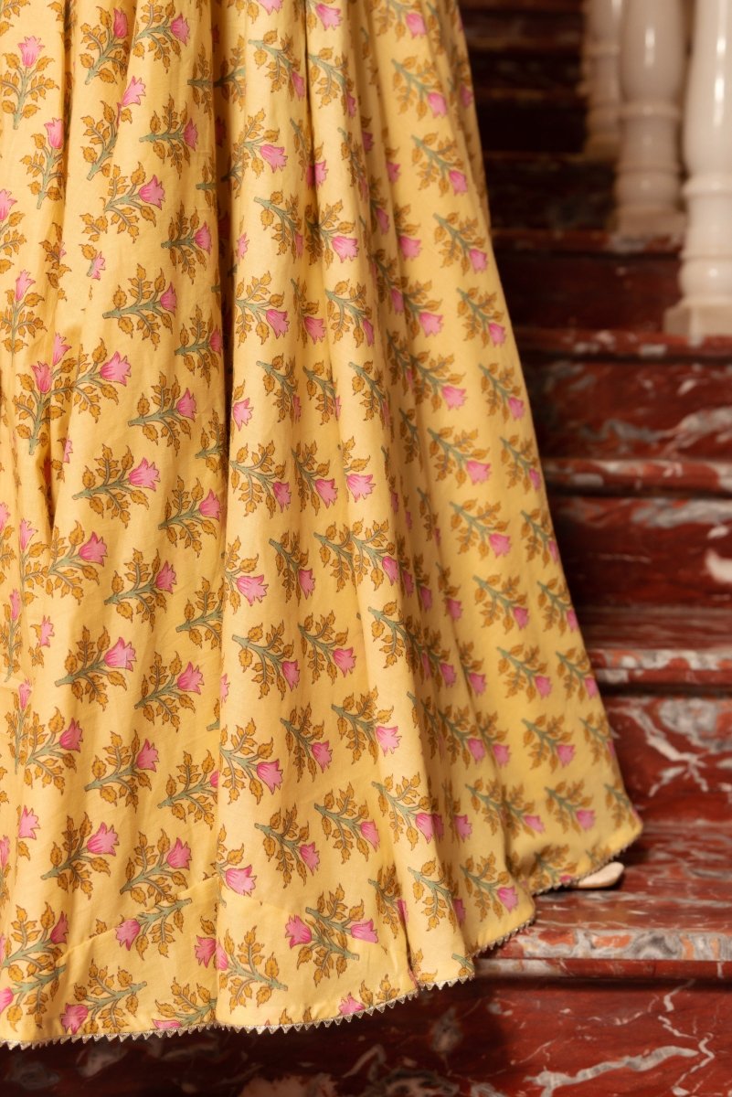 SUNHARI YELLOW COTTON HAND BLOCK LEHENGA SET WITH SOFT NET DUPATTA - Pomcha Jaipur