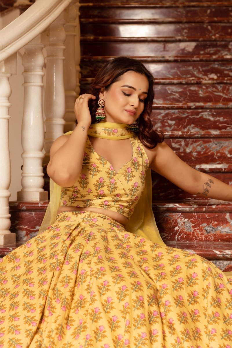 SUNHARI YELLOW COTTON HAND BLOCK LEHENGA SET WITH SOFT NET DUPATTA - Pomcha Jaipur