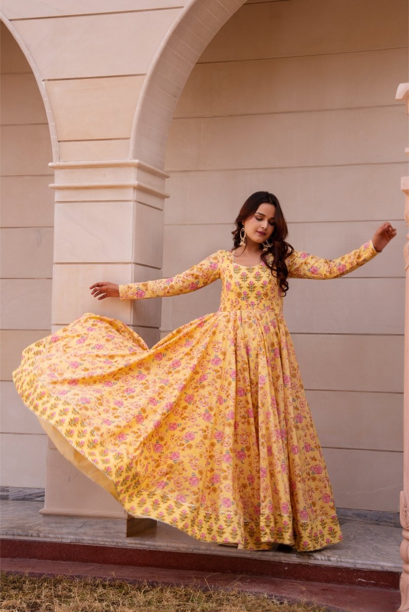 SUNHARI YELLOW COTTON HAND BLOCK PRINT LONG DRESS - Pomcha Jaipur