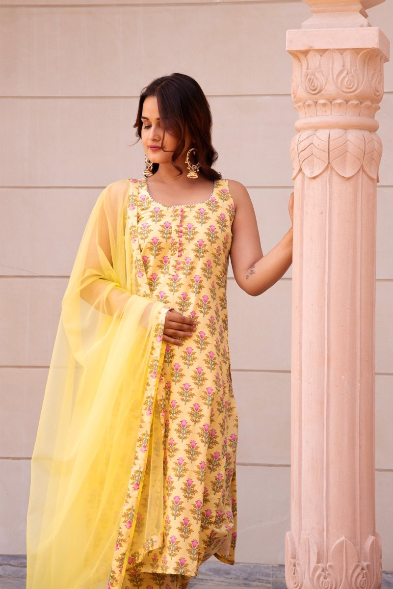 SUNHARI YELLOW HAND BLOCK COTTON SUIT SET WITH SOFT NET DUPATTA - Pomcha Jaipur