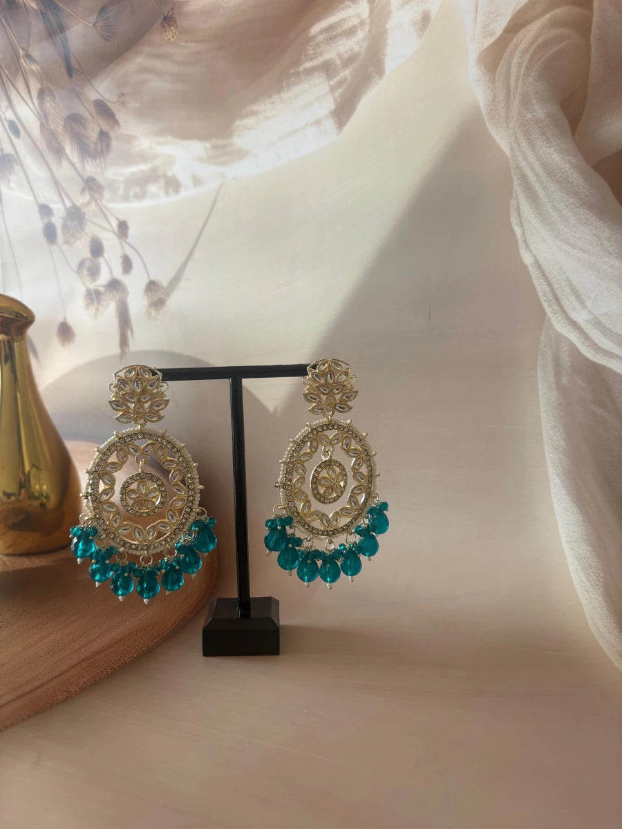 TEAL BLUE KUNDAN STUDDED CHANDBALI EARRING SET - Pomcha Jaipur