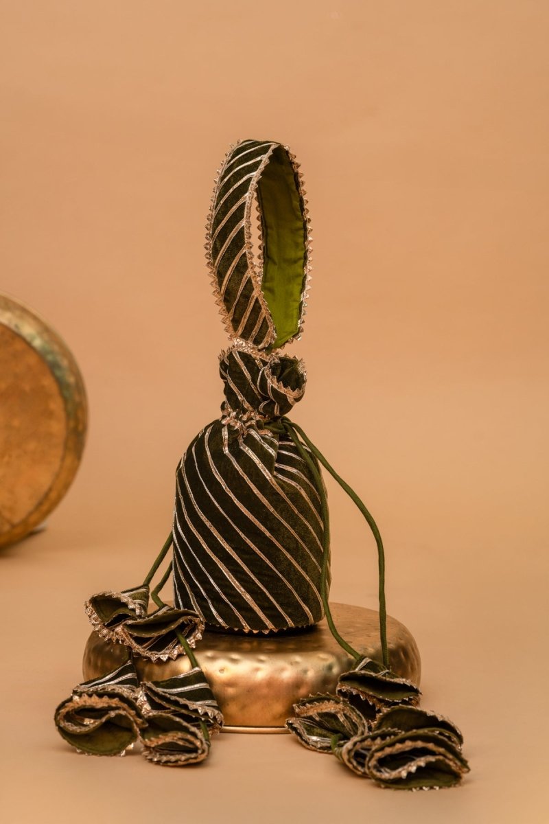 VELVET GREEN GOTA PATTI POTLI BAG - Pomcha Jaipur