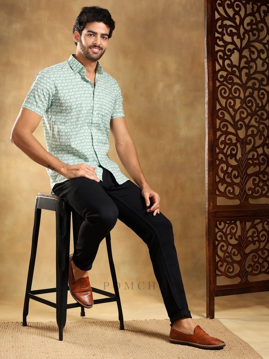 VIRAHA GREEN COTTON HAND BLOCK SHIRT - Pomcha Jaipur