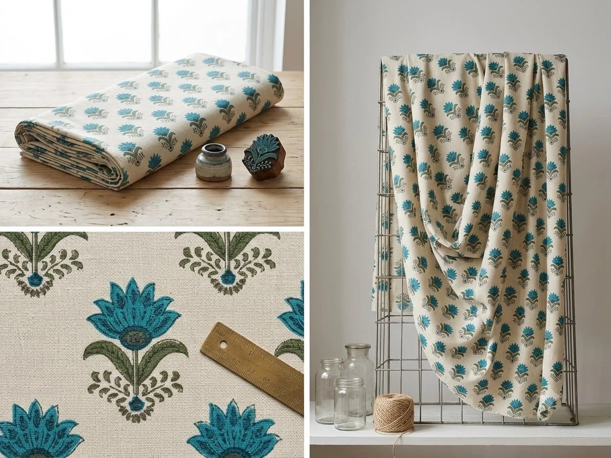 WHITE COTTON FLORAL BLOCK PRINT FABRIC - Pomcha Jaipur