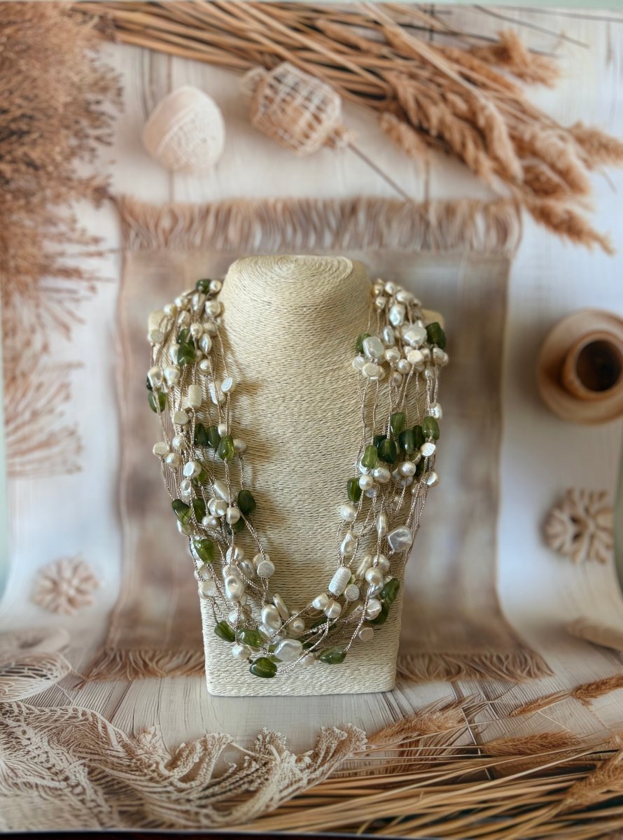 WHITE PEARL GREEN JUTE THREAD HAND MADE NECKLACE - Pomcha Jaipur