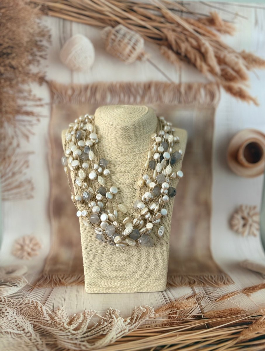 WHITE PEARL GREY JUTE THREAD HAND MADE NECKLACE - Pomcha Jaipur