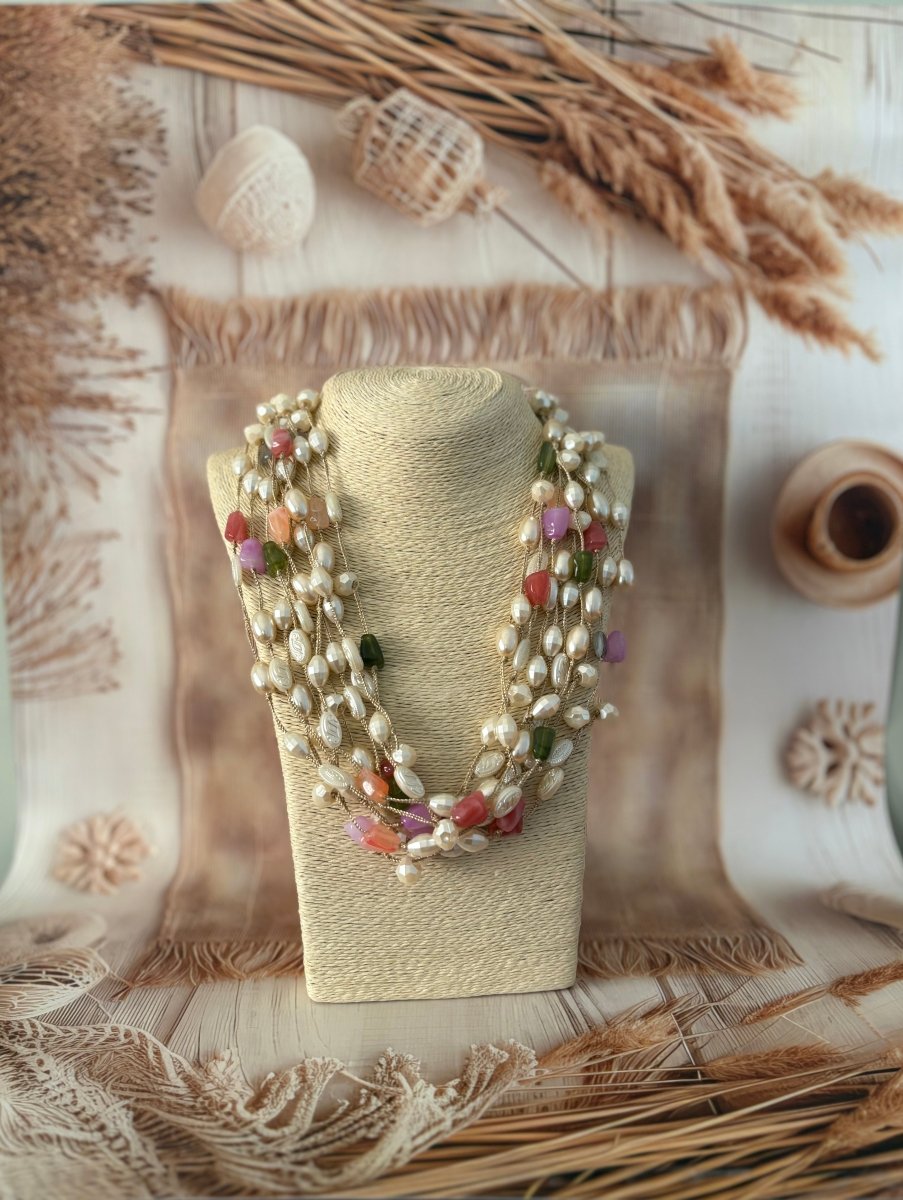 WHITE PEARL MULTICOLOR JUTE THREAD HAND MADE NECKLACE - Pomcha Jaipur