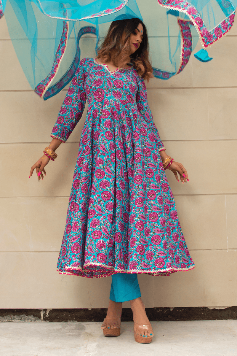 CHITRA HAND BLOCK COTTON ANARKALI SET - Pomcha Jaipur